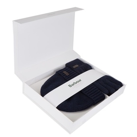 Barbour Carlton Hat & Gloves Set in navy, presented in a gift box, featuring wool-blend ribbed beanie and gloves with logo tab