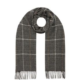 Barbour Danbrooke Check Fringed Scarf in grey lambswool-cashmere blend with tartan pattern and fringed tassel ends