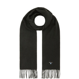 Barbour Logo Fringed Tassel Scarf in green wool with embroidered logo and fringed tassel ends, laid flat