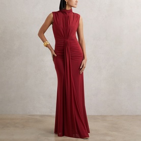 Daniella Sheer Ruched Turtleneck Dress