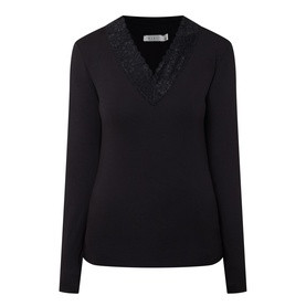 Masai Dionius Lace Trim Top in black with V-neckline, lace trim detail, long sleeves and straight hemline