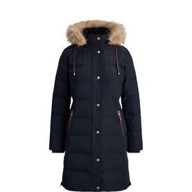Lauren Faux-Fur Trim Down Coat in navy, channel-quilted with detachable faux-fur hood, gold-tone snaps and zipped side pockets