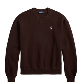 Polo Ralph Lauren Pony Logo Fleece Sweatshirt in brown, crew neck with V-insert, embroidered Pony logo, ribbed cuffs and hem