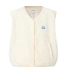 American Vintage Hoktown Logo Gilet in cream, sleeveless sherpa with V-neckline, snap buttons, yellow bound trims and logo badge
