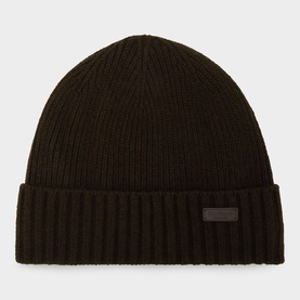 Barbour Carlton Solid Beanie Hat in olive, rib knit with turned-up brim and small logo badge