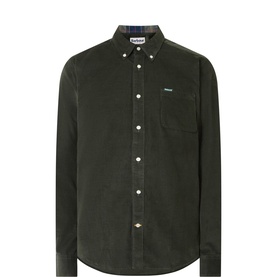 Barbour Ramsey Logo Corduroy Shirt in green, long sleeves, button-down collar, chest pocket, curved hemline, logo detail