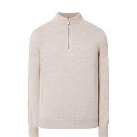 Brunello Cucinelli Cashmere Half-Zip Sweater in sand, featuring mock neck, half-zip placket, long sleeves and ribbed trims