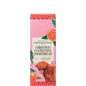Fortnum & Mason Christmas Clementine Shortbread in illustrated pink box with Highland cow, oranges and festive botanical print