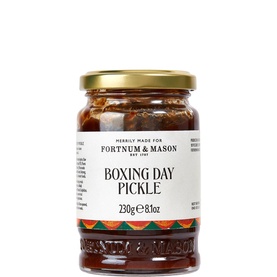 Fortnum & Mason Boxing Day Pickle 230g in glass jar with gold lid, dark rich chutney visible, festive patterned label
