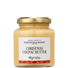 Fortnum & Mason Cognac Butter 195g in glass jar with gold lid and festive label detailing