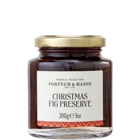Fortnum & Mason Christmas Fig Preserve 200g, glass jar with gold lid and festive red label with zigzag border detail