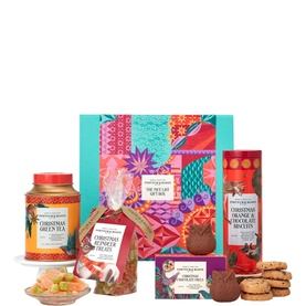 Fortnum & Mason The Nice List Gift Box, turquoise gift box with festive print, Christmas tea, biscuits, chocolate and treats