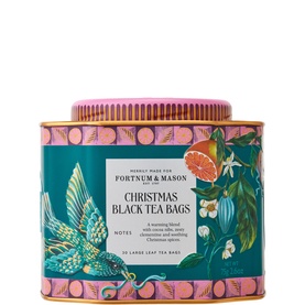 Fortnum & Mason Christmas Black Tea Tin, teal and pink festive tin with bird and botanical print, 30 silky teabags