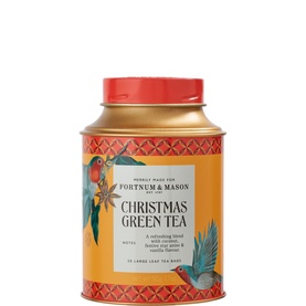 Fortnum & Mason Christmas Green Tea Silky Tea Bags 50g in gold and red tin with festive bird and botanical illustration