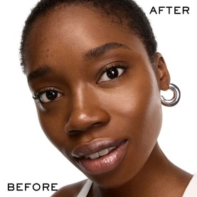 Before and after close-up showing Lanc&ocirc;me Skin Id&ocirc;le 3 Serum Supertint Skin Tint on model's complexion, with visibly smoother, more even skin tone