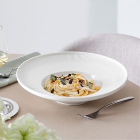 Villeroy & Boch Afina Deep Plate 29cm in white premium porcelain with ring relief, styled with spaghetti dish in a table setting
