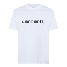 Carhartt Script Logo T-Shirt in white with black crew neck, short sleeves, straight hem and embroidered script logo print to chest