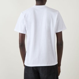 Model wearing Carhartt Script Logo T-Shirt in white, rear view, crew neck, short sleeves, straight hem, paired with dark jeans.