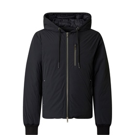 Moose Knuckles black hooded zip-up down jacket with ribbed cuffs, chest zip pocket, and drawstring hood
