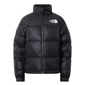 North Face black nylon puffer jacket with logo chest print, zip fastening and high collar