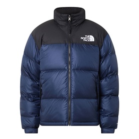 North Face 1996 Retro Nuptse Down Jacket in Navy/Black, quilted puffer with stand collar, zip fastening and logo print chest