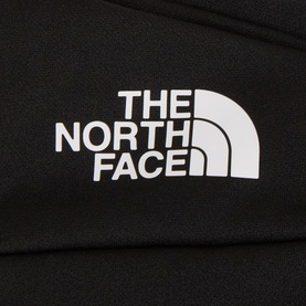 North Face Rino Logo Gloves in black, close-up showing embossed white logo print on smooth polyester fabric.
