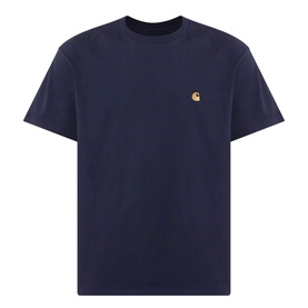 Carhartt Chase Logo T-Shirt in navy, crew neck, short sleeves, with gold embroidered logo on chest, midweight cotton jersey