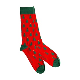 Swole Panda Christmas Tree Socks in red with green Christmas tree print, green heel, toe, and cuff detailing
