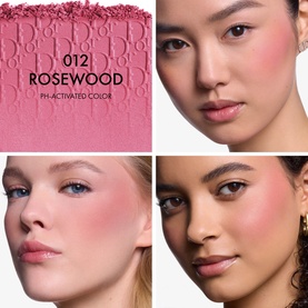 Dior Backstage Rosy Glow Blush in 012 Rosewood shown as powder texture swatch alongside three models wearing the blush on cheeks