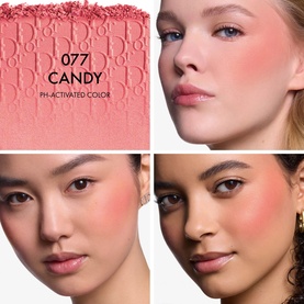 Dior Backstage Rosy Glow Blush in 077 Candy shade shown with texture swatch and three models displaying a natural rosy flush on cheeks