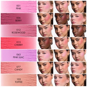 Dior Backstage Rosy Glow Blush shade range showing 7 shades: Pink, Berry, Rosewood, Cherry, Pink Lilac, Candy and Toffee, each worn on models