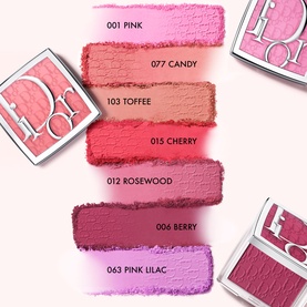 Dior Backstage Rosy Glow Blush shade swatches showing 001 Pink, 077 Candy, 103 Toffee, 015 Cherry, 012 Rosewood, 006 Berry, 063 Pink Lilac