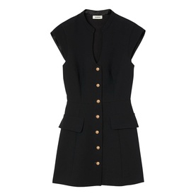 Sandro Button Front Mini Knitted Dress in black; sleeveless, V-neckline, gold buttons, flap pockets, mini length