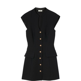 Sandro Button Front Mini Knitted Dress in black; sleeveless, V-neckline, gold buttons, flap pockets, mini length