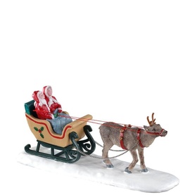 Lemax North Pole Sleigh Ride Standing Ornament, multicoloured resin figurine set with Santa in wooden sleigh pulled by reindeer on snow base