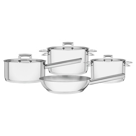 Tramontina Stainless Steel 4-Piece Cookware Set in silver, including two casseroles, a saucepan, and frying pan with glass lids