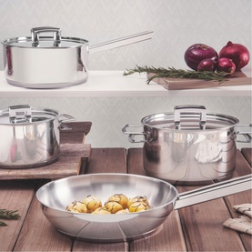 Tramontina Stainless Steel 4-Piece Cookware Set in silver, including lidded casseroles and frying pan with potatoes, styled on wooden surface
