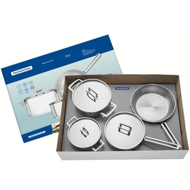 Tramontina Stainless Steel 4-Piece Cookware Set in silver, including two casseroles, saucepan and frying pan, shown in open box packaging