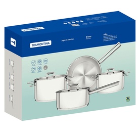 Tramontina Stainless Steel 4-Piece Cookware Set in silver, shown in product packaging box with set contents visible