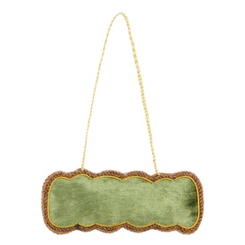 Sage green velvet rectangular bag with scalloped gold braid trim and gold rope chain strap