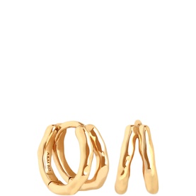 Astrid & Miyu Molten Textured Illusion Huggie Hoop Earrings in gold-plated sterling silver with hammered organic finish, dual-hoop illusion design