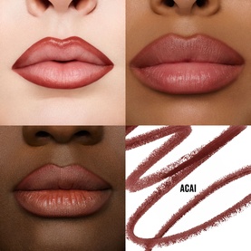 Three lip close-ups showing Acai shade on different skin tones, paired with swatch of matching lip liner pencil in warm brown-nude