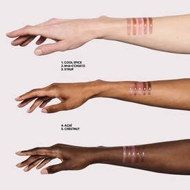 Three arms showing lip colour swatches in shades Cool Spice, Mhm Combo, Syrup, A&ccedil;a&iacute; and Chestnut across fair, medium and deep skin tones