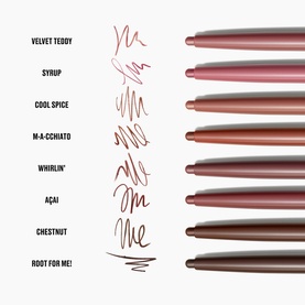 Eight lip liner pencils in shades: Velvet Teddy, Syrup, Cool Spice, M-A-Cchiato, Whirlin', A&ccedil;a&iacute;, Chestnut, Root For Me, each shown with a swatch
