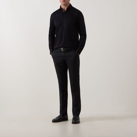 Model wearing Boggi Milano Pima Polo Shirt in black, long sleeves, styled with dark trousers and black leather shoes.