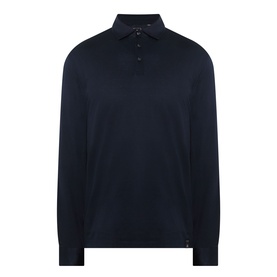 Boggi Milano Fine Knit Polo Shirt in navy blue, long sleeves, classic collar, three-button fastening, ribbed cuffs, fine knit cotton