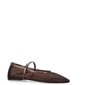 Steve Madden Mash Mesh Ballet Flats in brown, sheer mesh upper with patent mary-jane strap and pointed toe, flat black sole