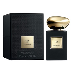 Armani Beauty Cuir N&uuml; Eau de Parfum in black bottle with gold cap, shown alongside matching black gift box, 50ml