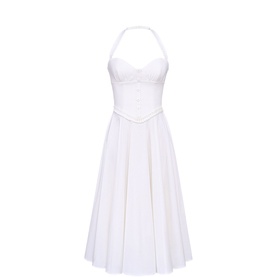 House of CB Georgie Halter Dress in white, sweetheart neckline, cupped bust, front button detail, floaty pleated midi skirt