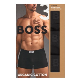 Hugo Boss Black Organic Cotton Boxer Trunks 3-Pack in packaging, featuring model wearing black boxers with branded waistband